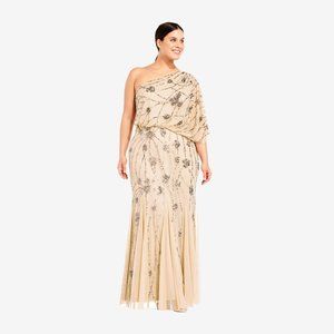 Adrianna Papell One Shoulder Beaded Gown in Nude
